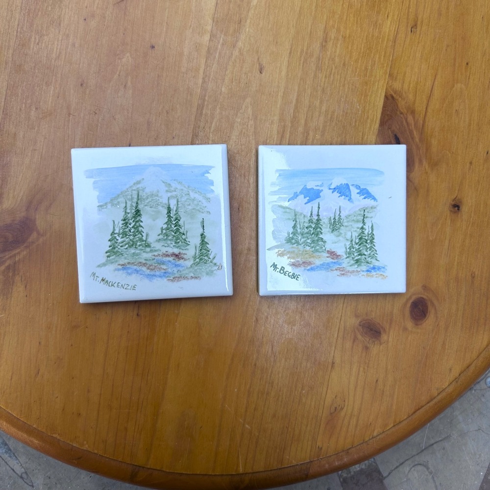 Vintage Hand Painted Ceramic Mountain Tiles Revelstoke BC Art Coasters Set of 2